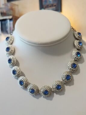 Vintage 60s Blue Rhinestone Etruscan Revival Silverstone Choker Necklace